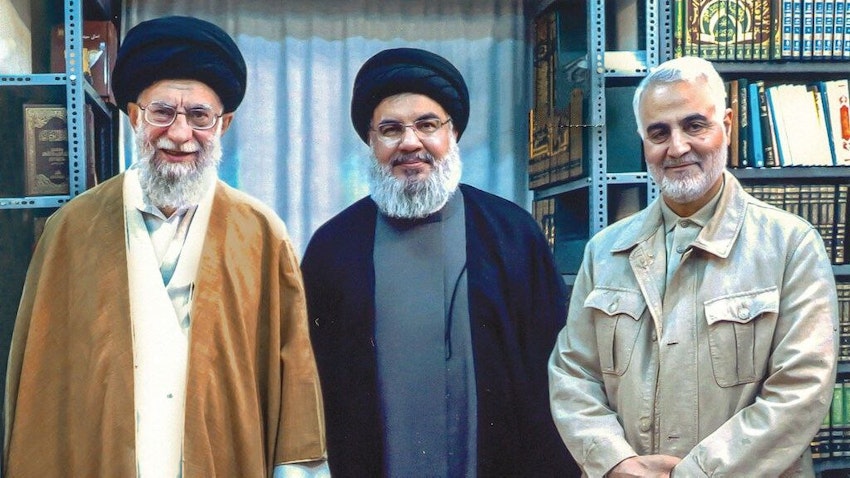 File photo of Iran’s Supreme Leader Ayatollah Ali Khamenei, late Hezbollah secretary general Hassan Nasrallah and late Qods Force commander Qassem Soleimani. (Photo via Iran’s supreme leader’s website)