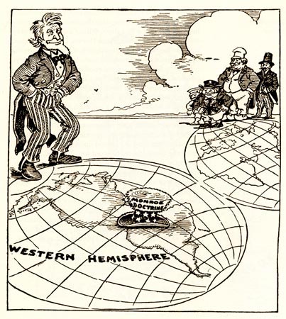 Newspaper cartoon from 1912 about the Monroe Doctrine — Monroe Doctrine, enforced by Uncle Sam, keeps European governments away from Western Hemisphere.