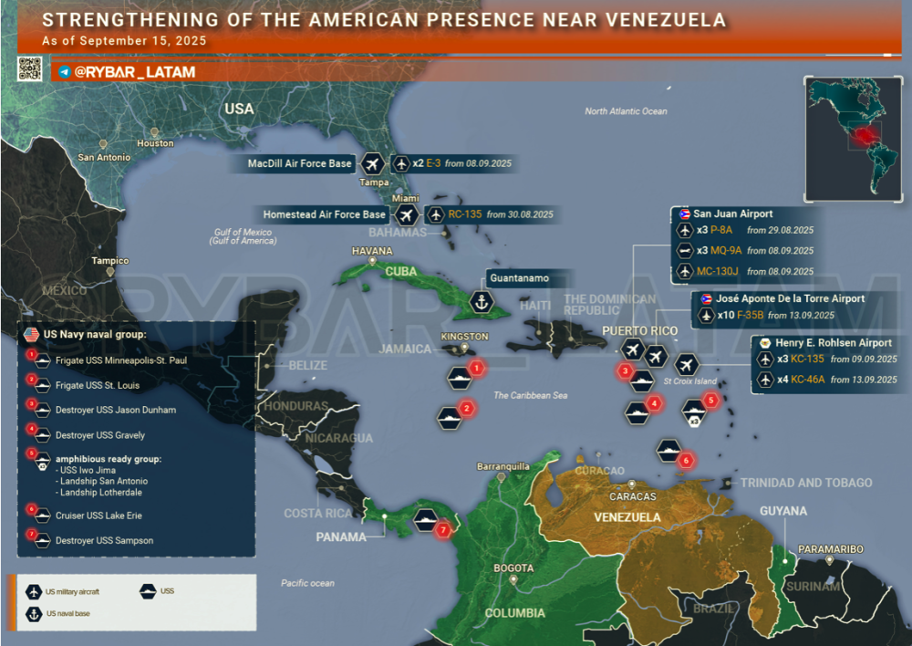 Rybar Visual sitrep 15 September 2025 on U.S.A. military in region