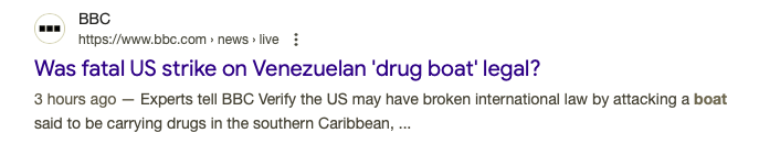 Screenshot of BBC headline on legality of military strike on boat.